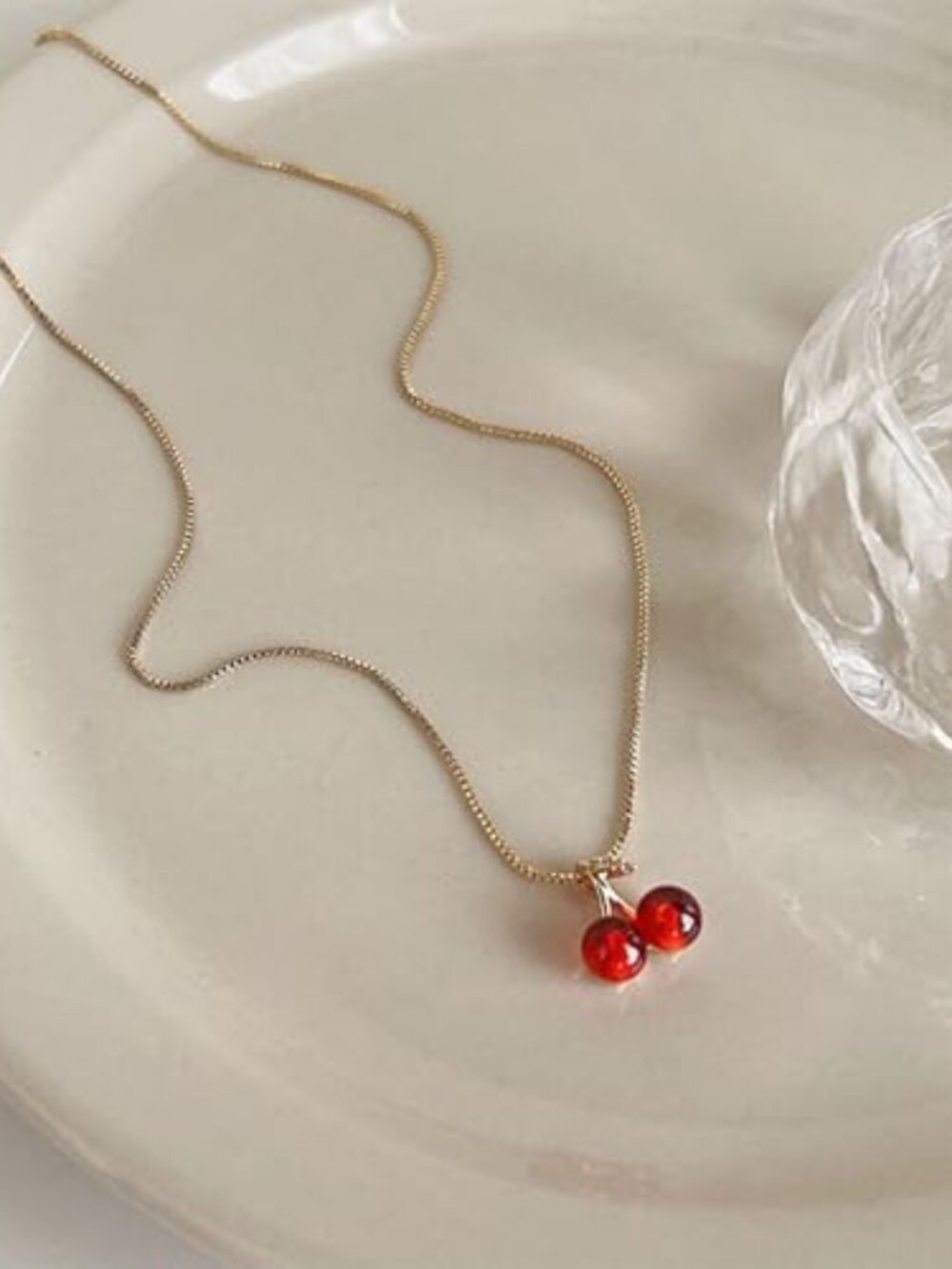 Cute Red Crystal Cherry Fruit Pendant Necklace Gold Leaf Cherry Box